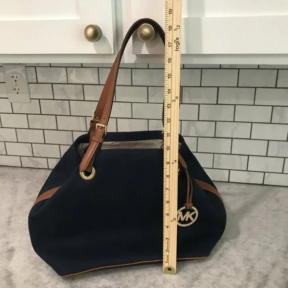 Michael Kors Tote Bag Womens Large Blue Canvas Leather Shoulder Purse MK Charm - Picture 14 of 14